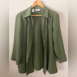 Kathy Che | Unique Women’s Green Long Sleeve Bronze Button Clasp Blouse